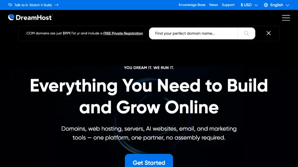 DreamHost web hosting homepage