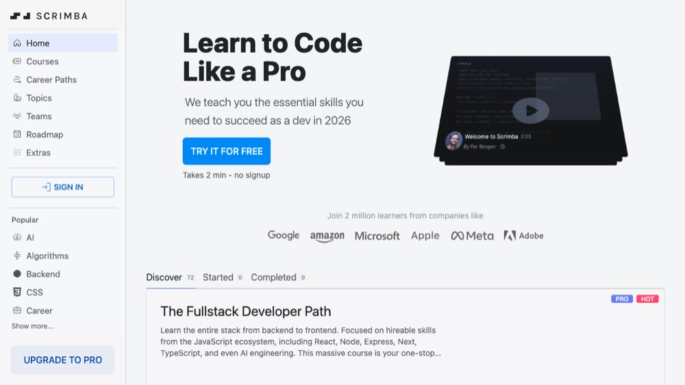 Scrimba homepage screenshot