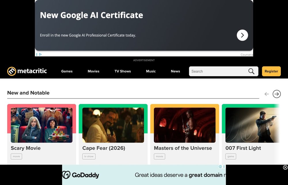 Metacritic homepage