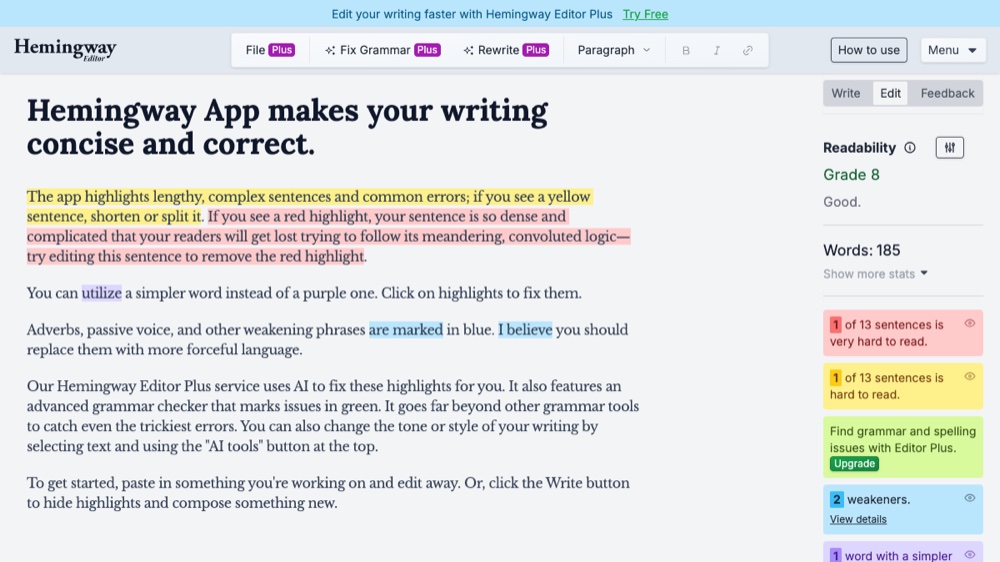 Hemingway Editor homepage screenshot