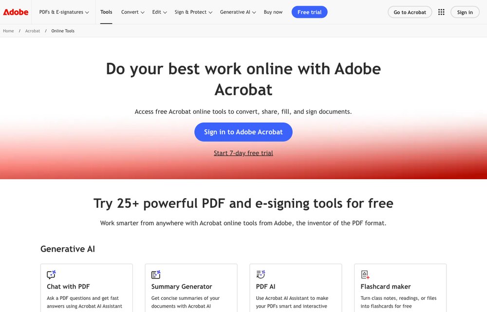 Adobe Acrobat Online homepage screenshot