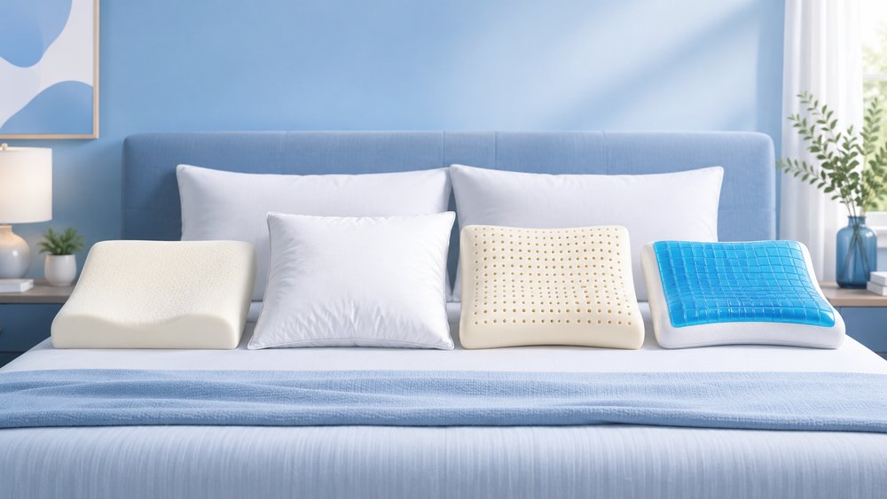 The main types of bed pillows compared: memory foam, down, natural latex and cooling gel