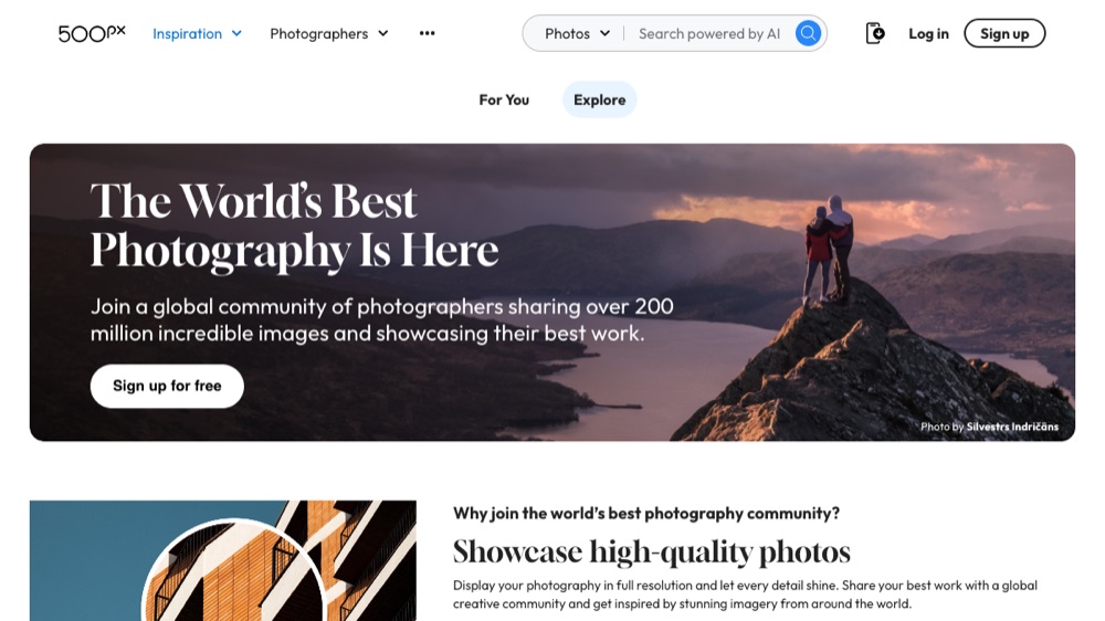 500px homepage screenshot