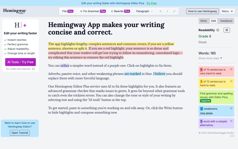 Hemingway Editor spell checker screenshot