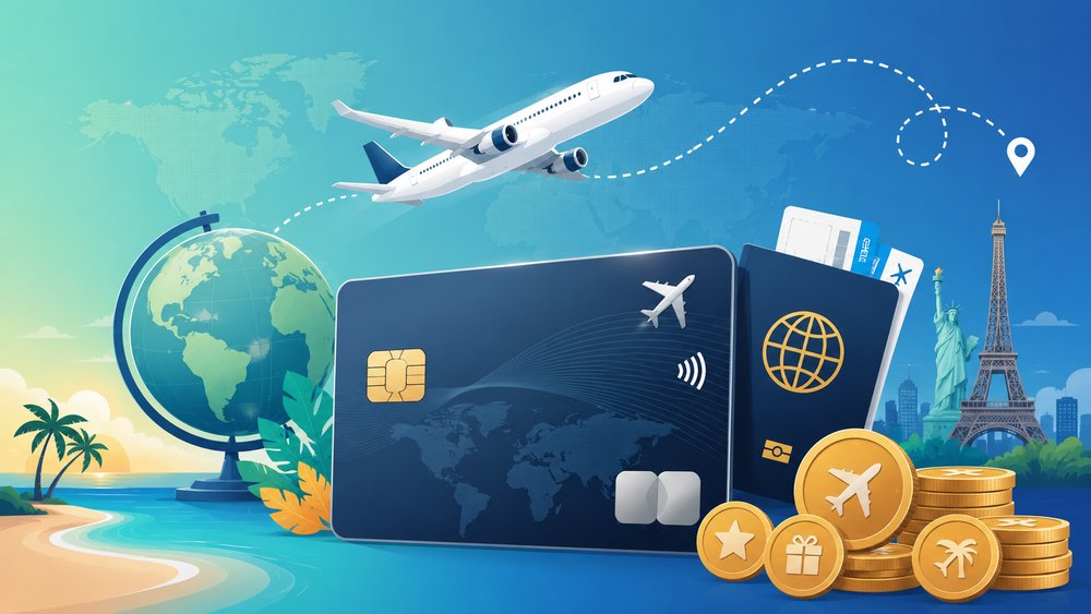Travel credit card with airplane, globe and rewards points