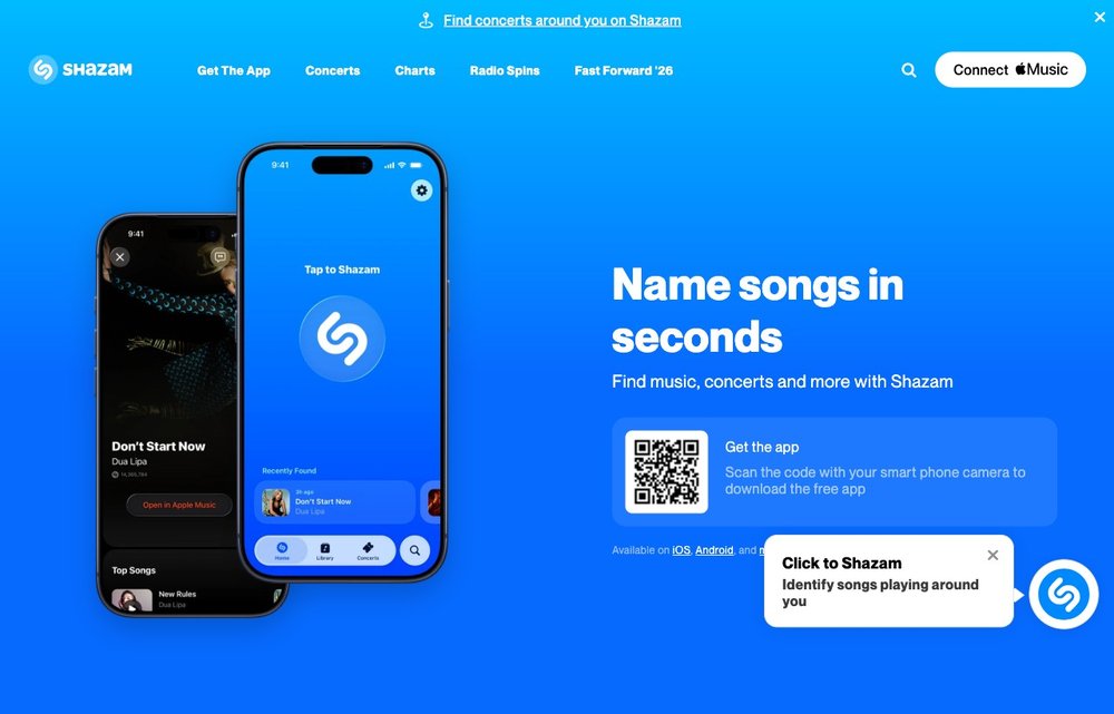 Shazam music-recognition homepage