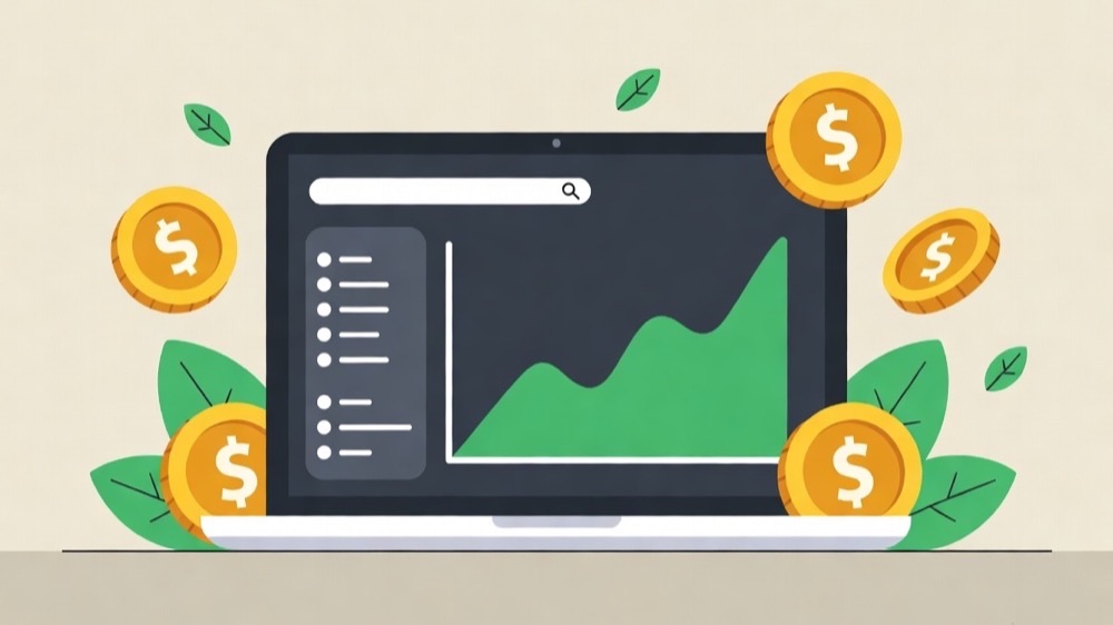 Blog earning money with a growth chart and coins