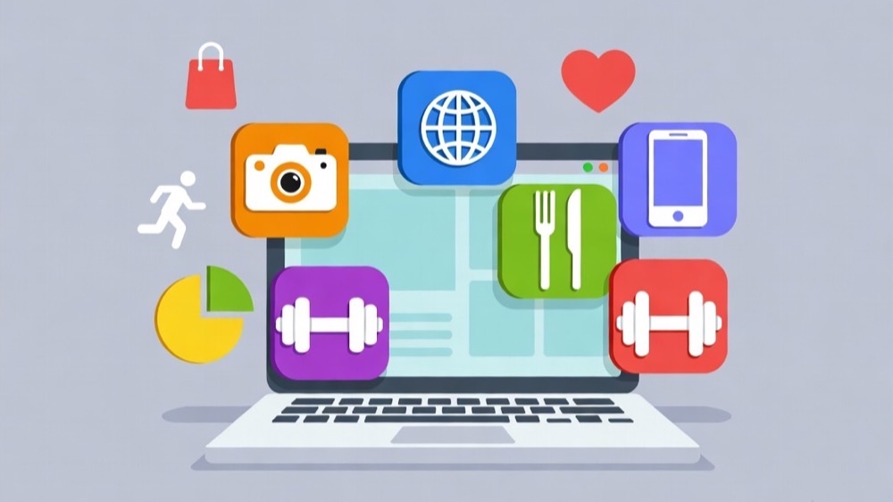 Icons of different blog niches around a laptop