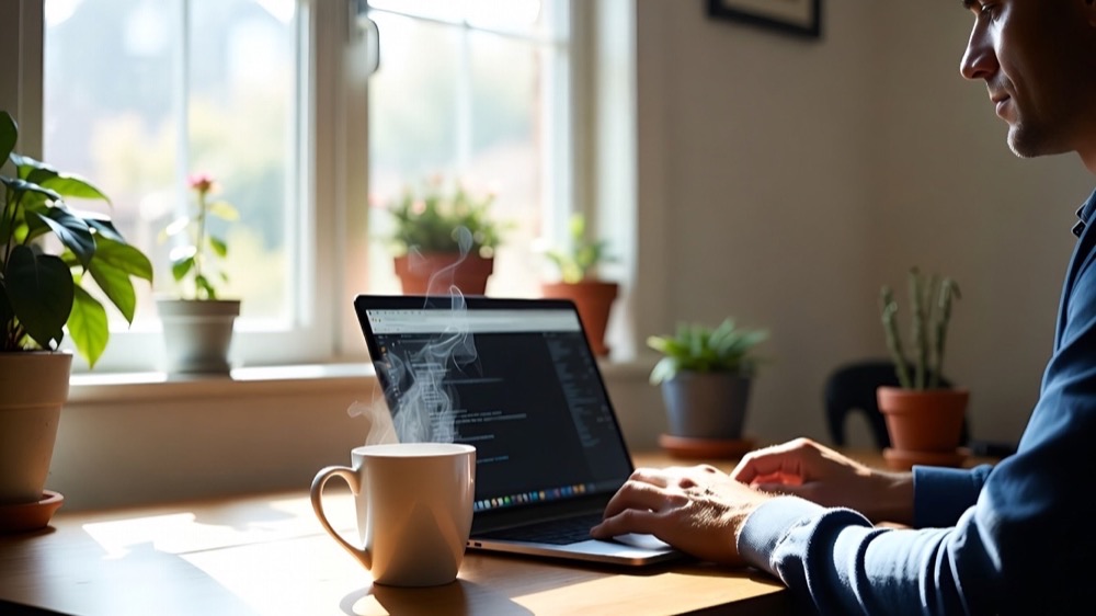 A person starting a blog on a laptop at a cozy desk