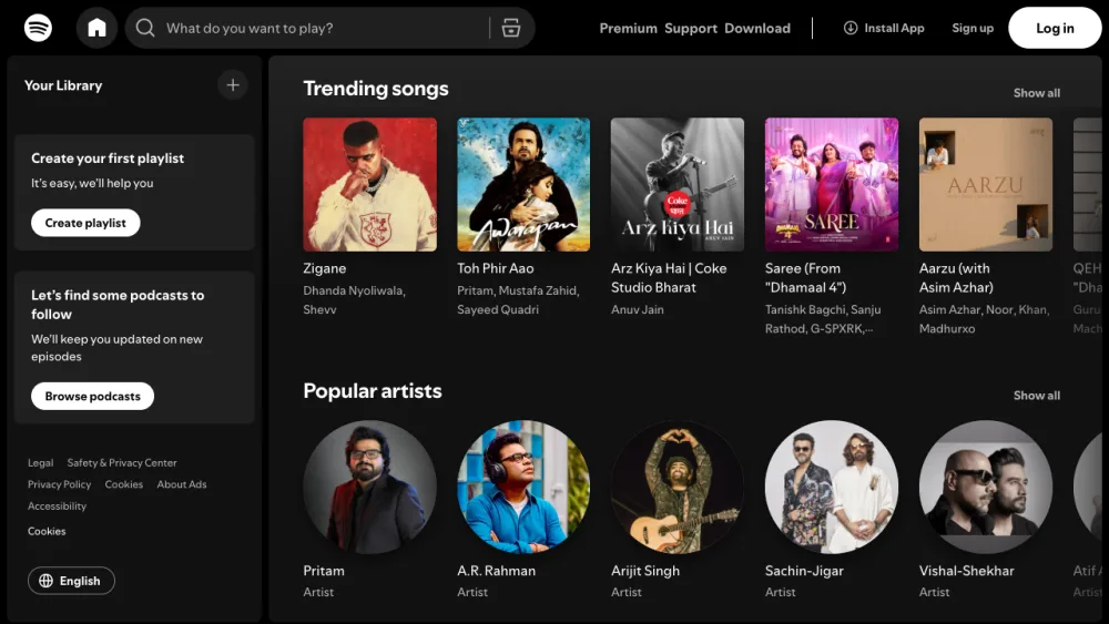 Spotify web player home screen showing trending songs and popular artists