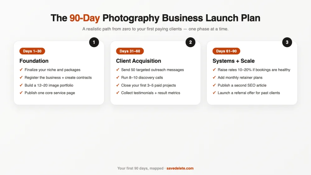 The 90-day photography business launch plan: foundation, client acquisition, systems and scale