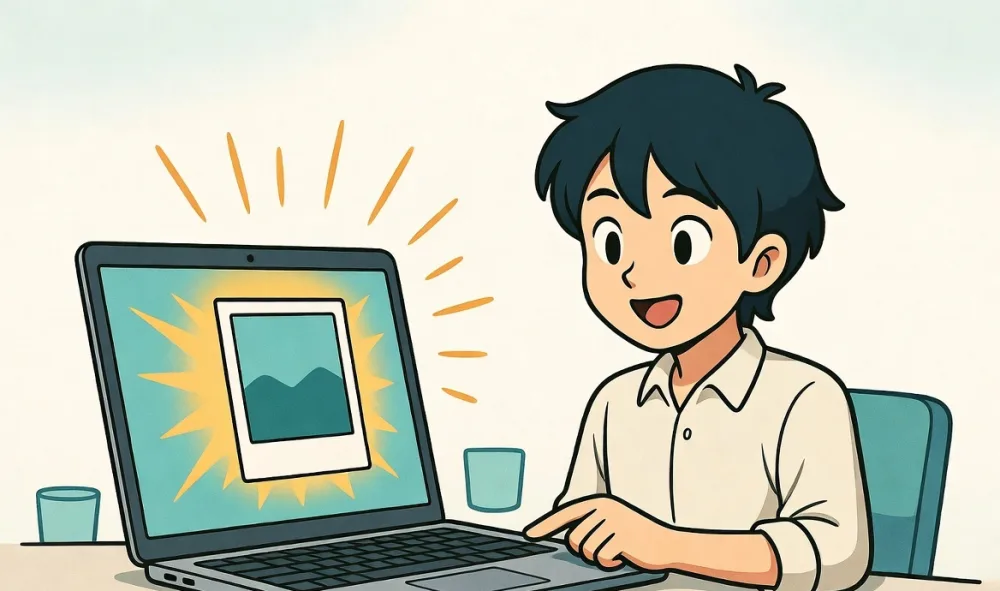Cartoon illustration of a person taking a screenshot on a laptop