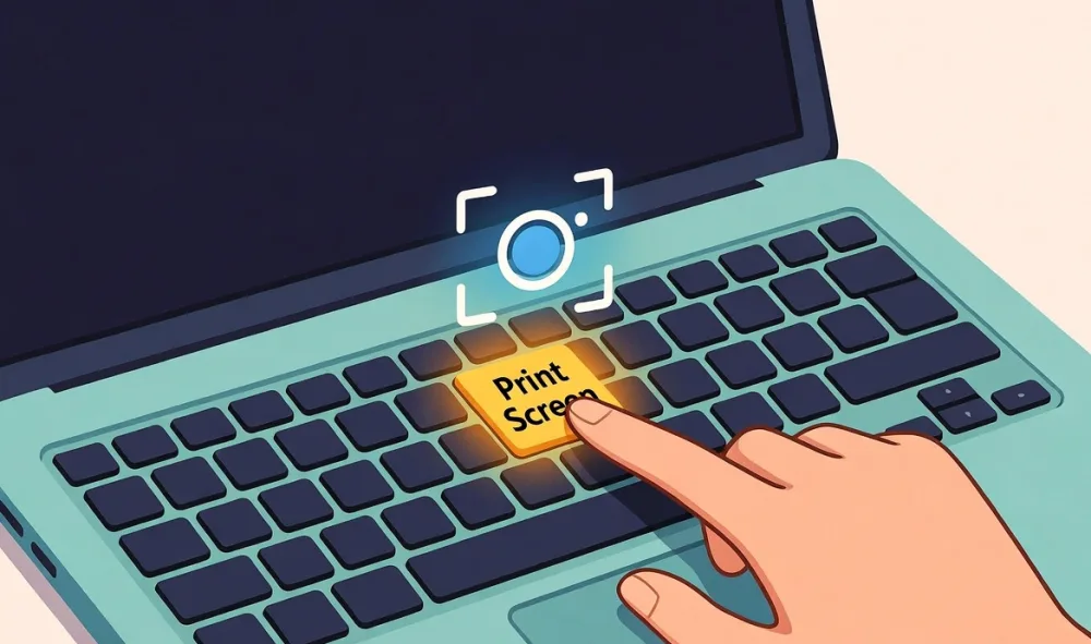 Illustration of a finger pressing the Print Screen key on a laptop keyboard