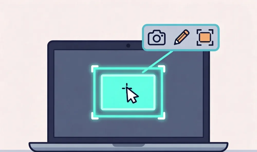 Illustration of a laptop with a rectangular region selection and capture toolbar