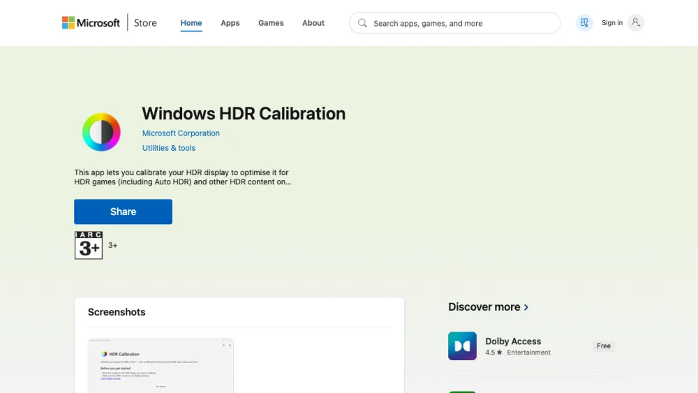 Windows HDR Calibration app on the Microsoft Store, a free tool by Microsoft Corporation