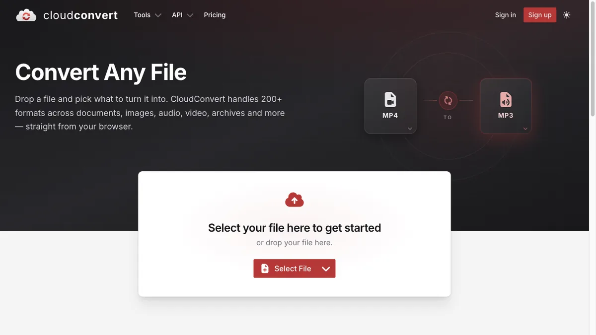 CloudConvert homepage with its file dropzone