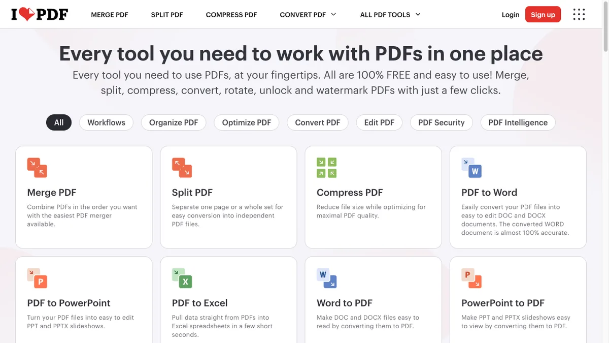 iLovePDF homepage showing its grid of PDF tools