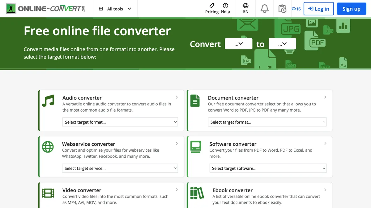 Online-Convert homepage with converter categories