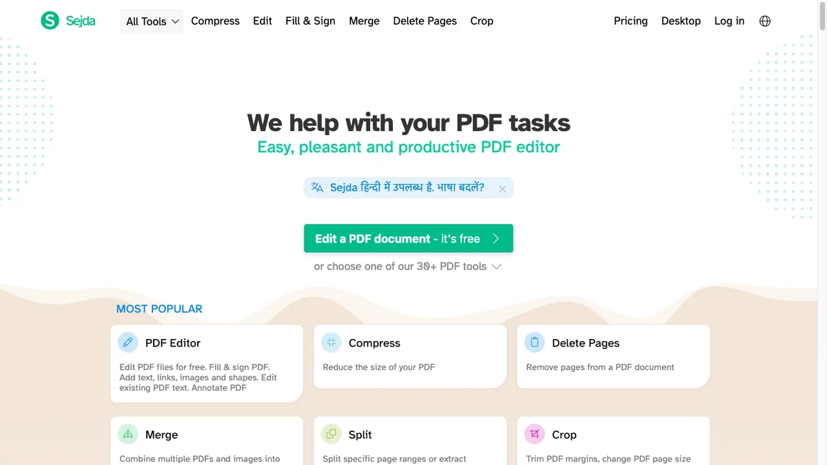 Sejda PDF homepage with its editor and tools