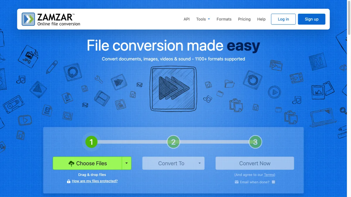 Zamzar homepage with its three-step file converter