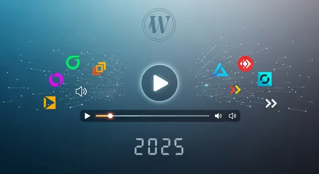 Modern WordPress video player interface showcasing free plugin options for 2025 with clean tech design and multimedia control