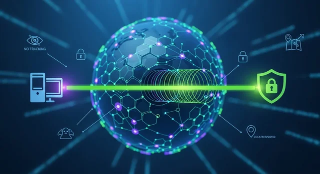 Modern digital shield protecting laptop with network connections, illustrating VPN online privacy pr