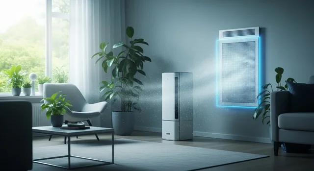 Modern air filtration system in a home. Clean air purifier for improved indoor air quality.