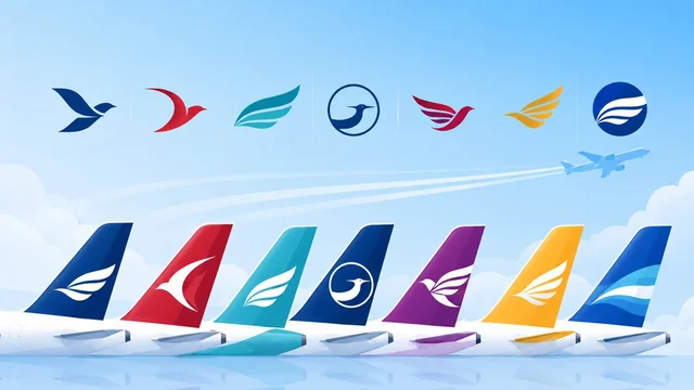 Flat-vector illustration of colourful airline tail fins and stylised bird and wing logo emblems under a blue sky