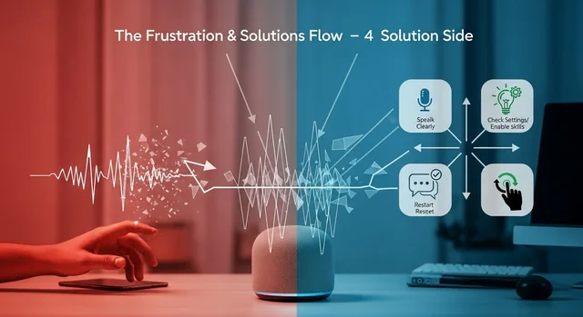 Modern Amazon Alexa device with communication icons showing troubleshooting solutions for voice assi