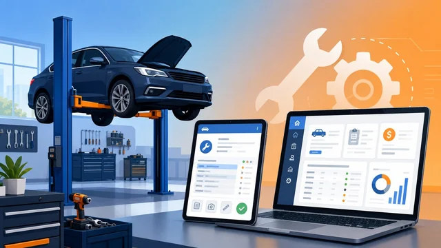 Auto repair shop management software on a tablet and laptop in a garage
