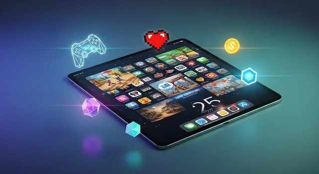 Collection of colorful free game app icons displayed on modern iPad screen showcasing best gaming ap