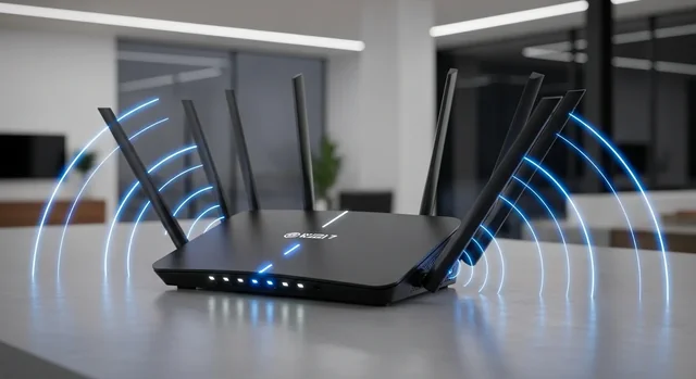 Modern black WiFi 7 router with LED indicators and wireless signal waves for high-speed gaming and streaming setup