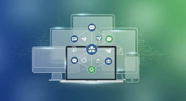 Modern workspace showing Brosix productivity messenger interface on multiple devices - desktop, tabl