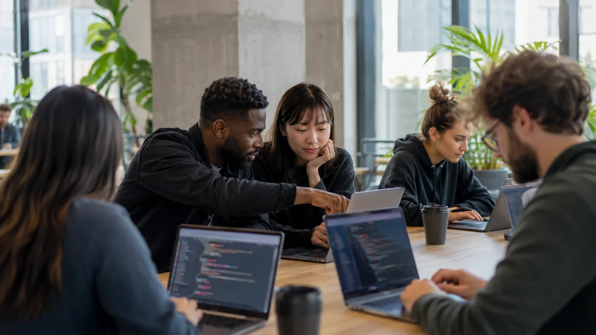 Modern coding bootcamp classroom in 2026 with diverse students collaborating on laptops using AI-assisted coding tools.