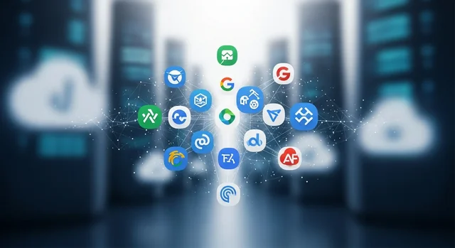 Modern tech devices displaying various alternative software logos and icons as Google product substi