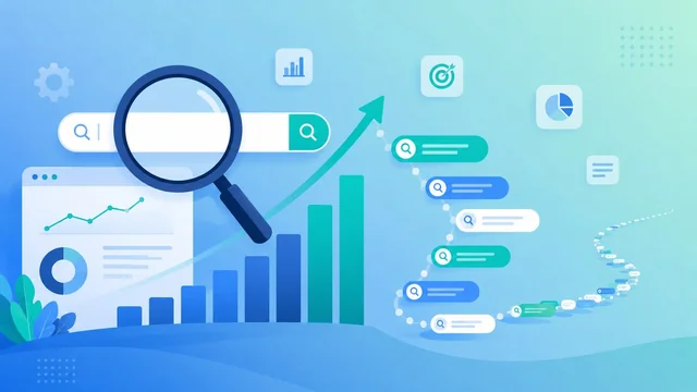 Flat-vector illustration of SEO long-tail keyword research with a magnifying glass, rising charts and a trail of keyword bubbles