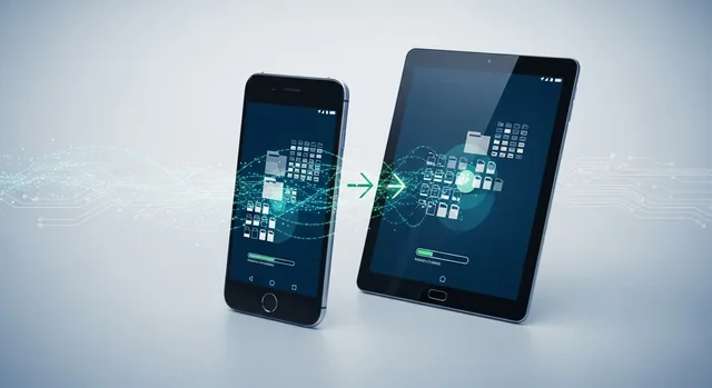 MobileTrans data transfer tool interface showing iPhone and Android phones with arrows indicating seamless mobile data migrat