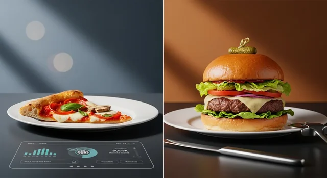 Split image showing half pepperoni pizza and half gourmet burger on clean white background for food