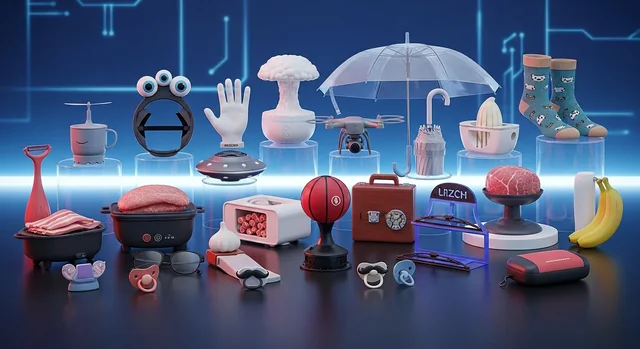 Collection of unusual and bizarre Amazon products displayed in modern tech-focused composition for o