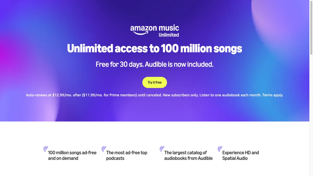 Amazon Music Unlimited homepage advertising 100 million songs