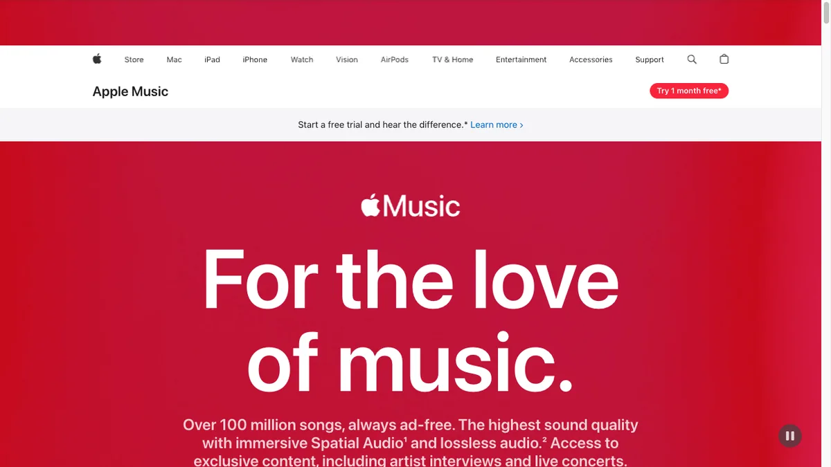 Apple Music homepage highlighting spatial audio and lossless