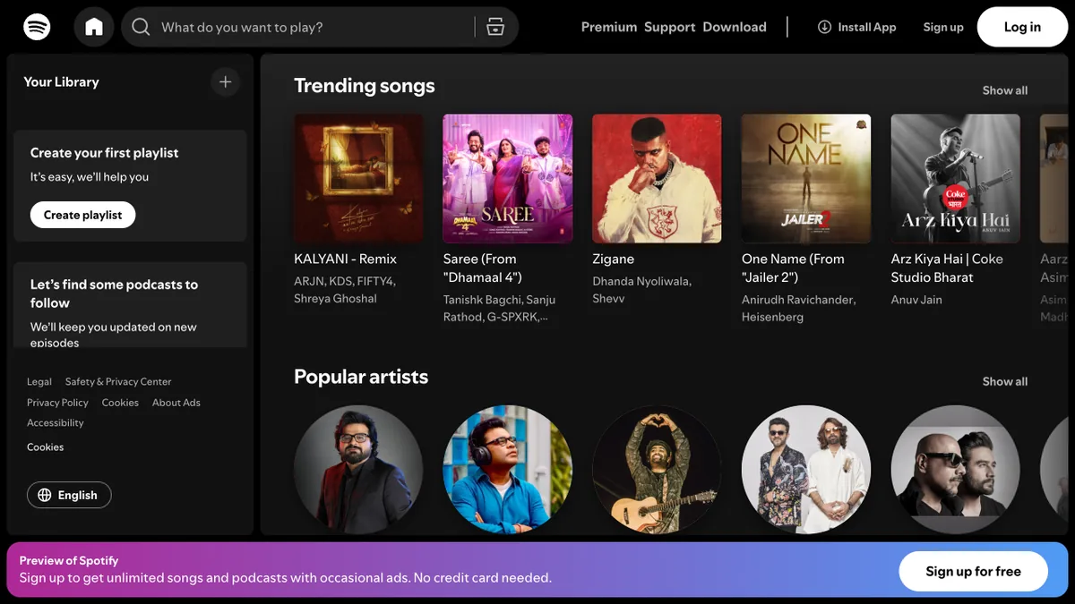 Spotify web player showing trending songs and artists