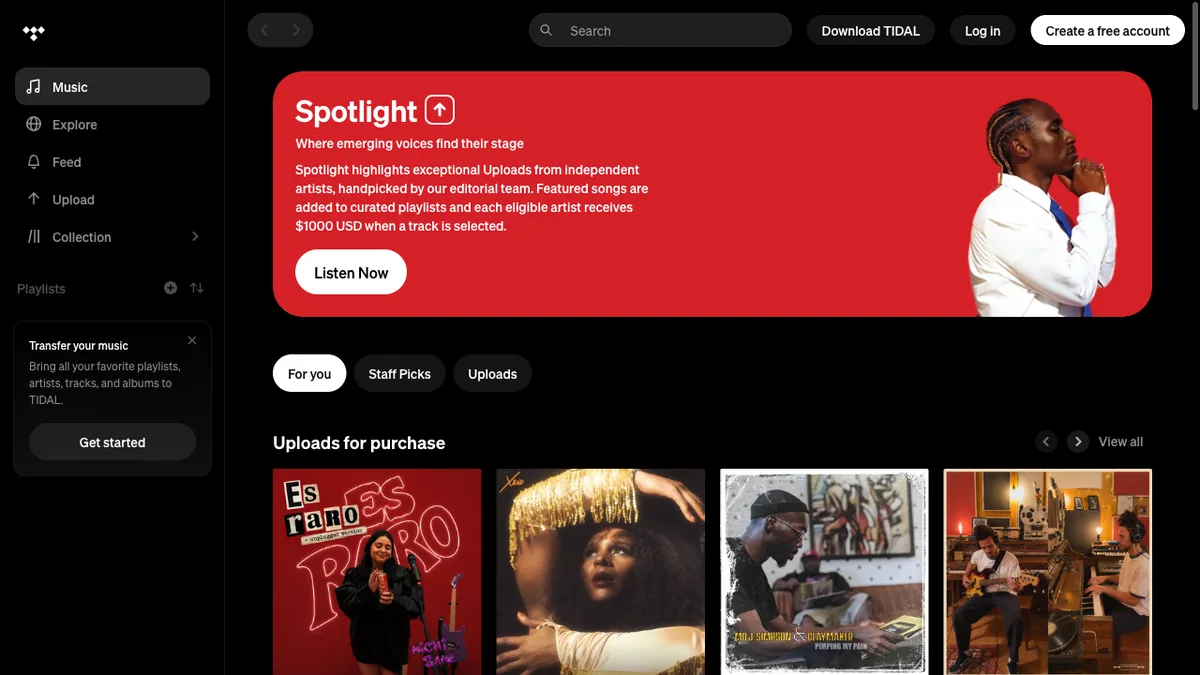 Tidal web player showing its artist Spotlight program