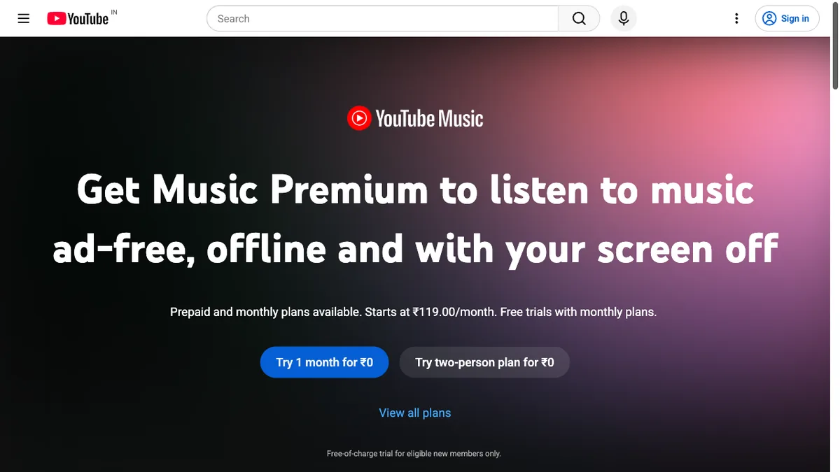 YouTube Music Premium landing page