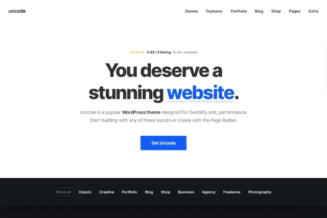 Uncode WordPress photography theme screenshot