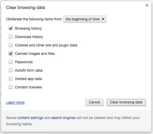 Screenshot of clearing cache in chrome