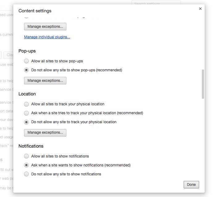 content settings pop-up blocker