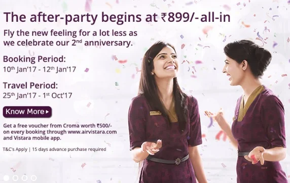 Buy Air tickets @ Rs899 as Vistara Airlines Celebrate 2 yrs (Hurry offer ends on Jan 12, 2017)