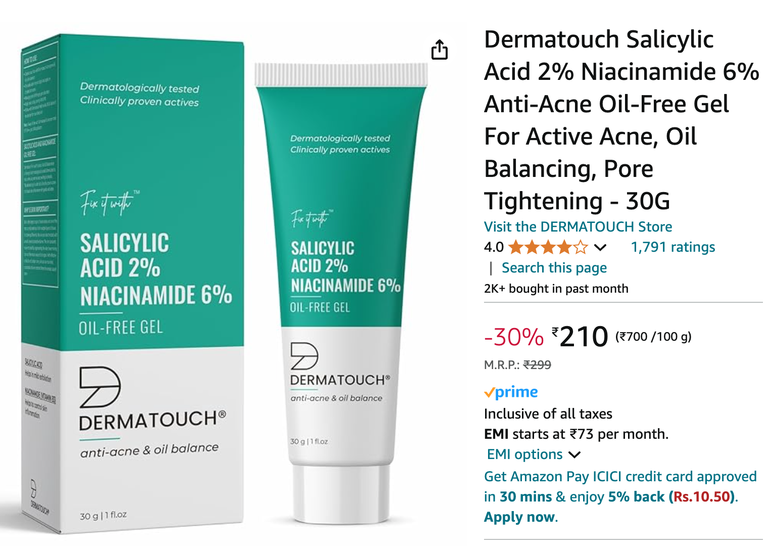 Dermatouch Salicylic Acid 2% Niacinamide 6% Anti-Acne Oil-Free Gel For Active Acne