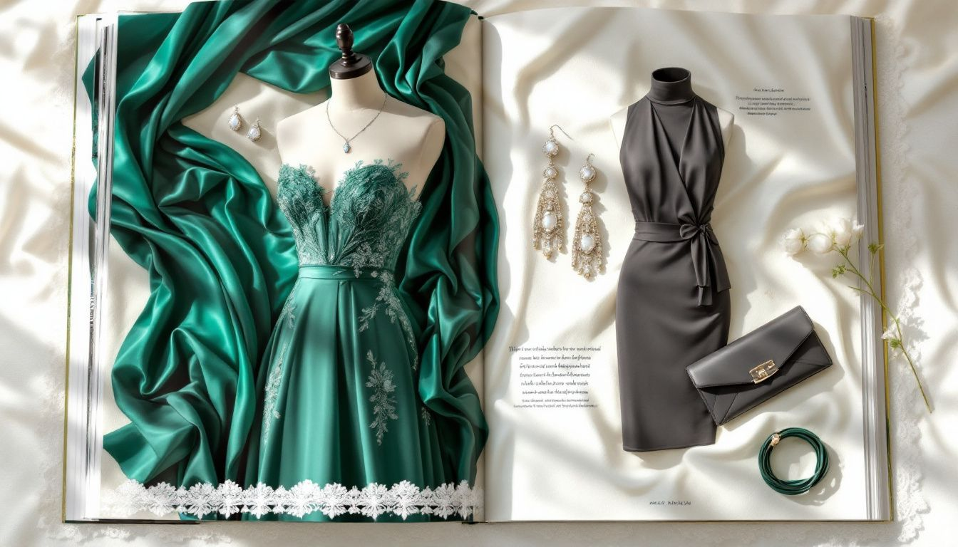 Stylish accessories displayed alongside elegant wedding guest outfits.